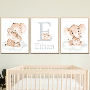 Nome personalizzato per bambini, stampa iniziale neutra per la cameretta dei bambini, decorazione murale personalizzata con elefante, set da 3, beige, grigio, digitale per bambini piccoli