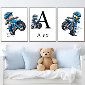 Decoración de pared con diseño de motocicleta personalizada, póster de vehículo para imprimir con nombre personalizado, para guardería de niños, juego digital de 3 piezas para dormitorio infantil en azul