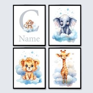 Nome personalizzato Decorazione da parete per cameretta per bambini Animali da safari Stampe artistiche Ragazza Camera per bambini Set personalizzato per bambini di 4 poster leone scimmia giraffa elefante
