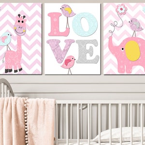 Baby Girl Nursery Art Print Elephant Giraffe Childrens Wall Decor Kids Room Decoration set of 3 Poster digital canvas Pink Purple image 3