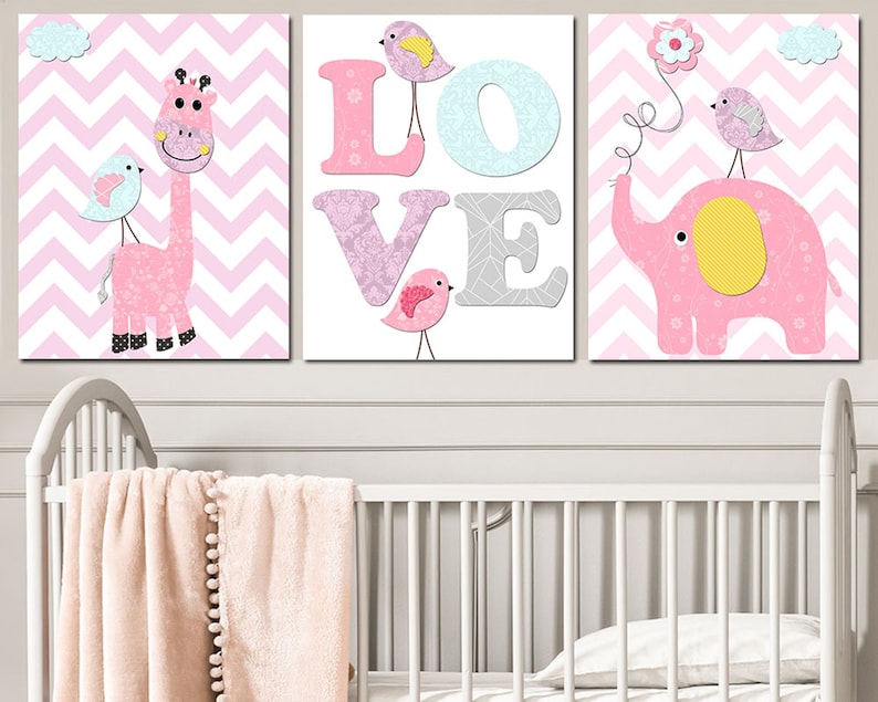 Baby Girl Nursery Art Print Elephant Giraffe Childrens Wall Decor Kids Room Decoration set of 3 Poster digital canvas Pink Purple image 3