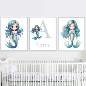 Poster da parete stampabile con sirena, nome personalizzato, decorazione per la cameretta dei bambini, set di 3 poster digitali con immagini per bambini