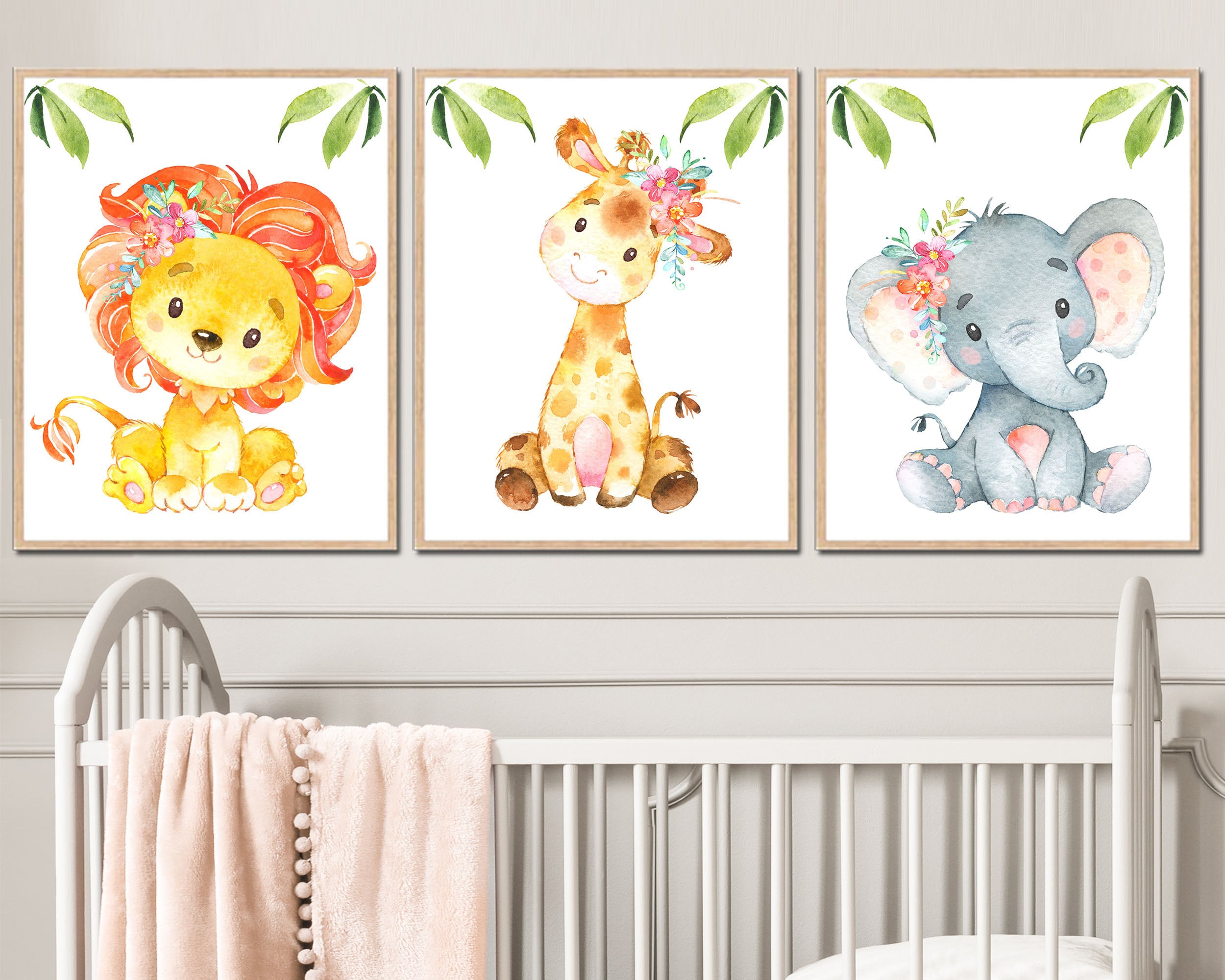 Floral Animals Baby Girl Nursery Wall Decor Safari Art Prints Children ...