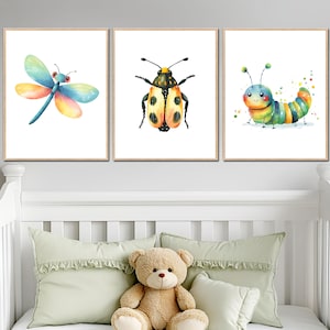 Bruco libellula fulminante asilo nido decorazione da parete stampabile bambino ragazza ragazzo arte bambini piccoli poster digitale neutro bambino set di 3 piccolo regalo