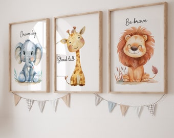 Safari Animal Nursery wall art print Decor Inspirational Quote Dream big be brave Stand tall set of 3 Elephant lion giraffe boy girl bedroom