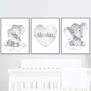 Decorazione murale elefante neutro per neonato con nome personalizzato, stampe artistiche a forma di cuore, set di 3 immagini personalizzate per la camera dei bambini, sala giochi, grigio