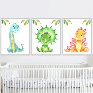 Decoración de pared para habitación de bebé, juego de 3 pósteres con diseño de dinosaurios para dormitorio infantil, imágenes digitales de acuarela, pegatinas de lienzo