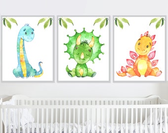 Baby Boy Nursery Wall Decor Dinosaur Art Print Kids Bedroom set of 3 Children Posters Watercolor digital printable Canvas Stickers