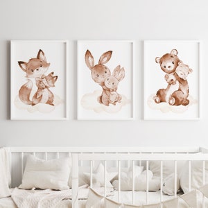 Neutral Baby Nursery Decor Print Wall Art Woodland Forest Animal Poster Watercolor set of 3 Kids Room printable Beige hare fox bear