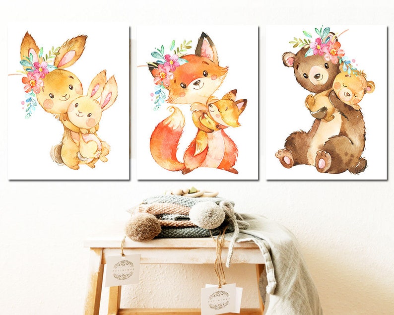 Woodland Baby Girl Nursery Art Prints Forest Animals Kids - Etsy