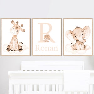 Selva safari neutro bebê menino berçário arte decoração carta inicial impressões de parede nome personalizado lona crianças quarto conjunto de 3 fotos digitais