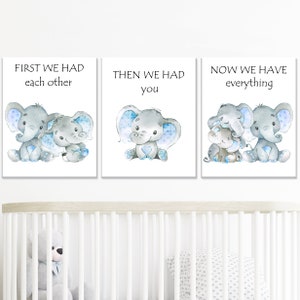 Stampe artistiche da parete con citazioni di bambini Decorazioni per la cameretta dei ragazzi Poster con elefanti Set per bambini da 3: prima ci incontravamo ora abbiamo te Famiglia in camera digitale