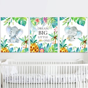 Elefanti Stampa artistica Baby Boy Nursery Quotes Decorazione da parete set di 3 Dream Big Little One Stampabile Gioco da letto per bambini Blu verde Grigio digitale