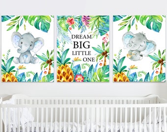 Elephants Art Print Baby Boy Nursery Quotes Wall Decor set of 3 Dream Big Little One Printable Child Room game Blue green Gray