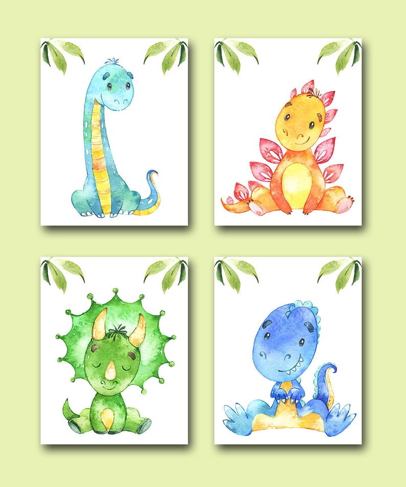 Blue Green Yellow Dinosaur Nursery Dinosaurs Decor for Nursery Canvas Print Wall Art set of 4 Baby Boy Baby Room Decor