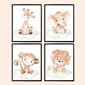 Decorazione da parete per cameretta dei bambini, camera da letto neutra, stampe artistiche, animali da safari nella giungla, set di 4 foto per bambini, ragazzo, ragazza, elefante beige, giraffa, leone, scimmia