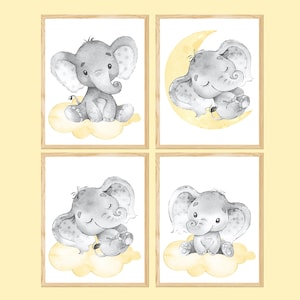 Decoração de berçário de bebê neutro, elefante, arte de parede para impressão, menino, quarto infantil, conjunto de 4 imagens, pôster de gênero, cinza, amarelo, presente