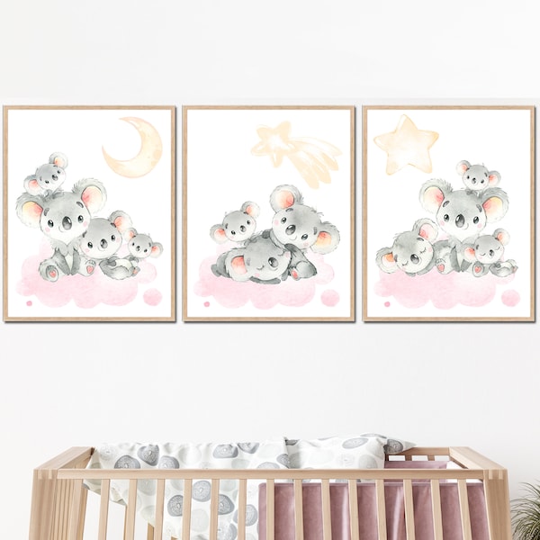 Baby Girl Nursery Decor Bedroom Poster Prints Koala Wall Art Toddler Room Kids set of 3 Australian Animals Children Canvas