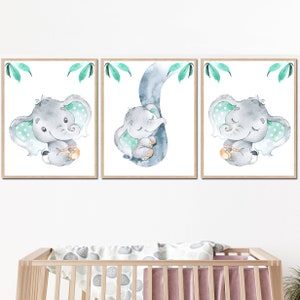 Poster da parete per bambini, per cameretta dei bambini, neutro, decorazione per bambini, elefante, set di 3 pezzi, genere, grigio, menta, digitale, bambino piccolo /