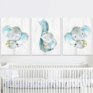 Decorazione da parete per la cameretta del bambino, stampabile, stampa artistica di elefanti, poster, immagini di animali per la cameretta dei bambini, set di 3 tele blu grigio bagno digitale