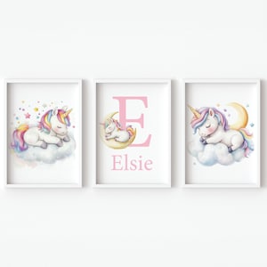 Impresiones personalizadas de unicornio para bebé, arte de pared, nombre personalizado, nube, luna, decoración de guardería para niña, caballo, juego de 3 dormitorios infantiles, póster digital, imágenes