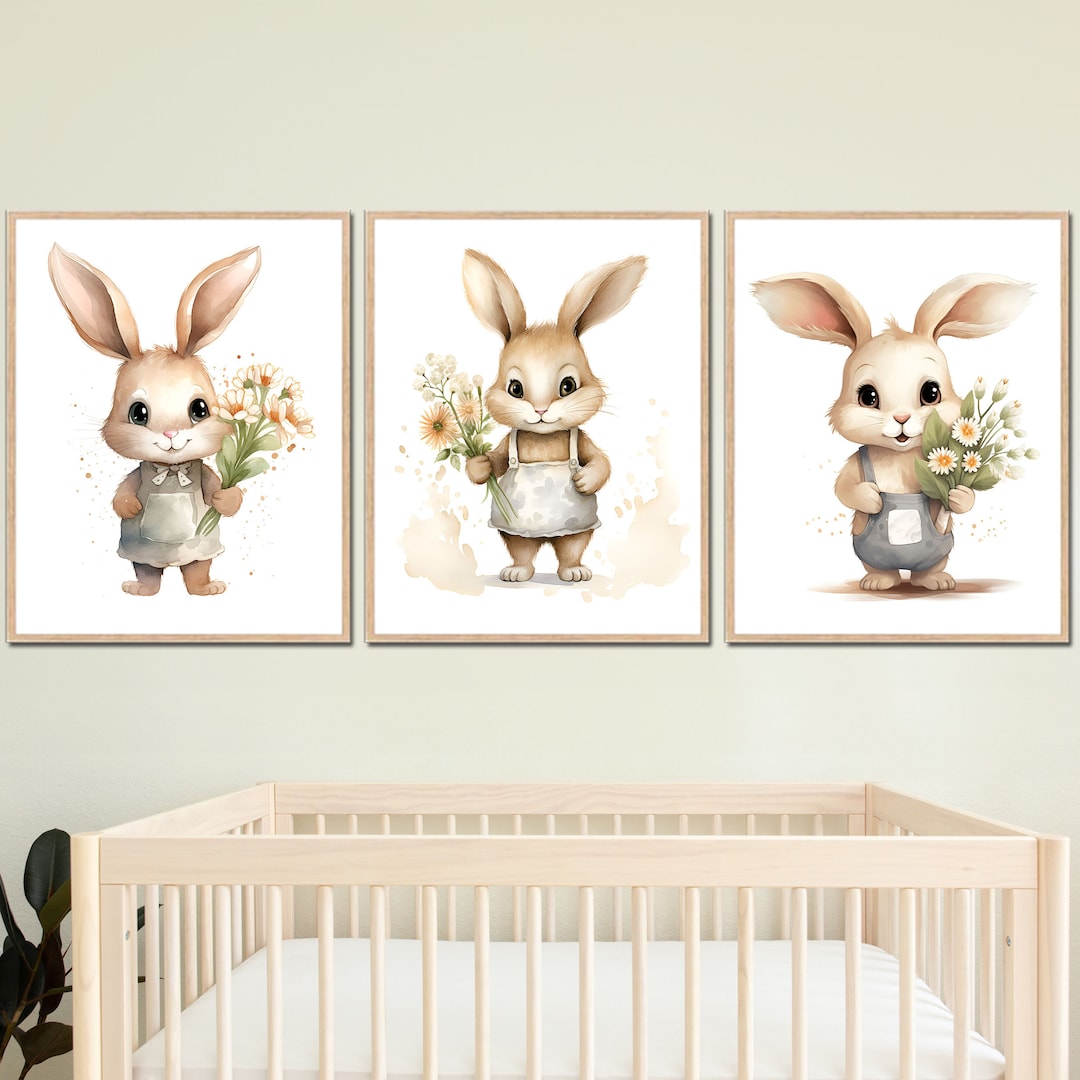 Bunny Nursery Wall Art Rabbit Room Decor Neutral Boy Prints Floral ...
