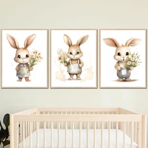 Bunny Nursery Wall Art Rabbit Room Decor Ragazzo neutro Stampe Floreali Stampabili ragazza colori pastello set di 3 baby shower regalo fattoria piccolo