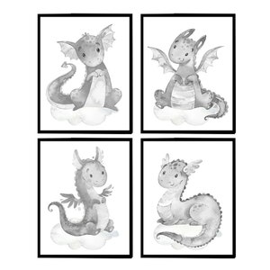 Decorazione per la cameretta dei bambini con drago, stampa neutra per la camera dei bambini, decorazione da parete per bambini, set di 4 poster in tela digitale grigia, immagini per bambine