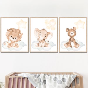 Stampa artistica di animali da safari, orso neutro, elefante, leone, bambino, bambina, decorazione da parete per la camera dei bambini, giungla, set di 3, regalo di genere, pastello
