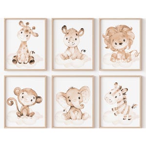 Pastello neutro Nursery Art Beige Safari Decorazione da parete Baby Boy Girl Kids set di 6 Jungle Acquerello Animali Camera da letto per bambini Genere sala giochi