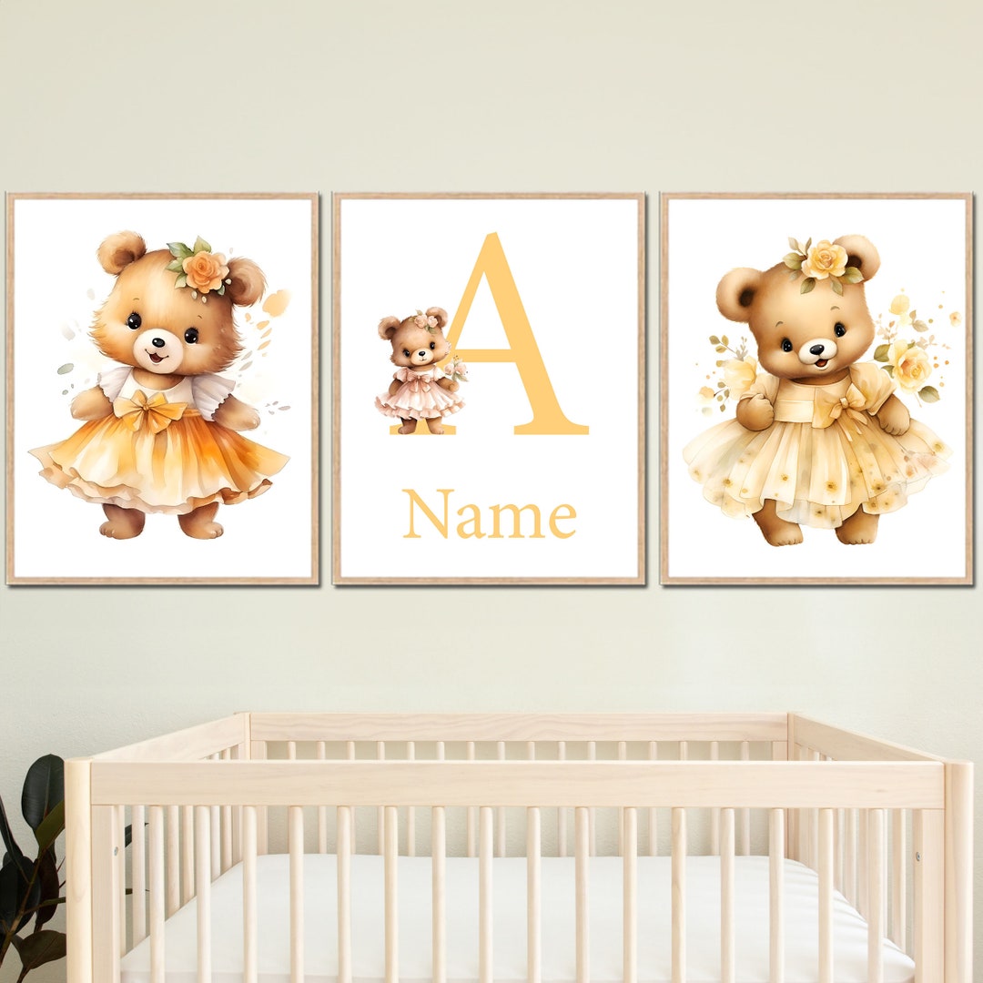 Baby Girl Nursery Wall Decor Bear Art Print Personalized Name Kids ...
