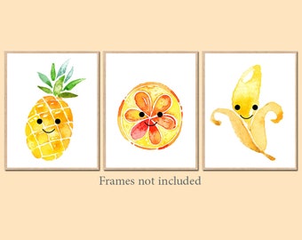 Fruits mignons art mural pour chambre d'enfant, affiches modernes kawaii, impression de cuisine pour décoration de chambre d'enfants, lot de 3 ananas banane