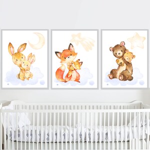 Madre y bebé Animal Prints Woodland Neutral Baby Boy Girl Nursery Art Forest Kids Room Child Poster set de 3 liebre zorro oso lienzo digital