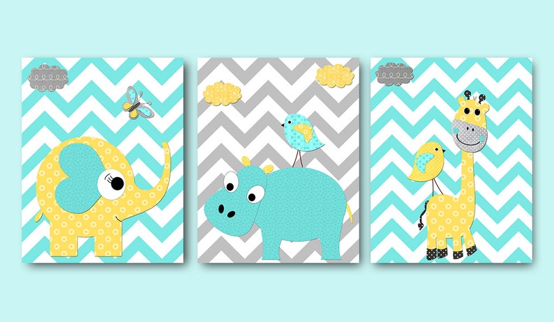 Yellow grey aqua hippopotamus giraffe elephant decor baby boy  etsy Yellow grey aqua hippopotamus giraffe elephant decor baby boy  etsy