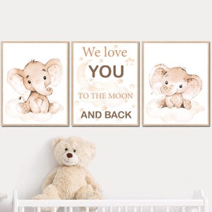Bambino Ragazzo Ragazza Elefante Neutro Asilo Nido Citazioni Arte Murale Camera da Letto Stampa Bambini Set di 3 Ti Amiamo Fino Alla Luna E Ritorno Poster Genere Beige