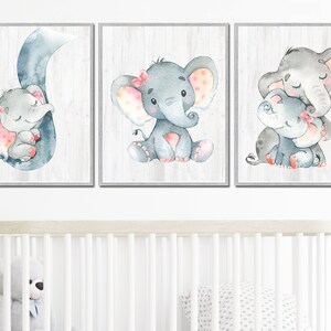 Baby Girl Nursery Decor Elephant Wall Art Prints Child Room Kid Set of ...