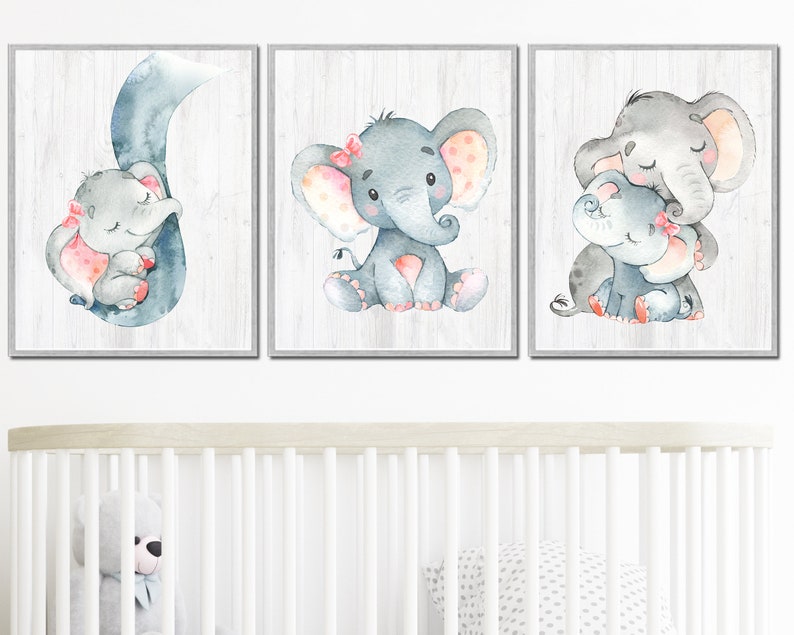 Baby Girl Nursery Decor Elephant Wall Art Prints Child Room Kid Set of ...