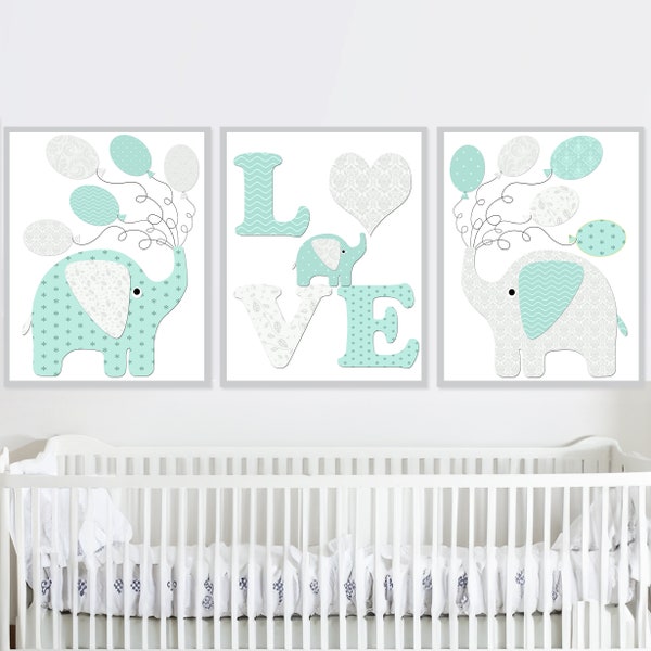 Elephant Wall Decor Neutral Baby Nursery Art Print Kids Room set of 3 Children Mint gray Printable Canvas Sticker