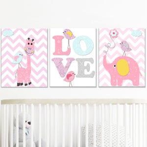 Baby Girl Nursery Art Print Elephant Giraffe Childrens Wall Decor Kids Room Decoration set of 3 Poster digital canvas Pink Purple image 2