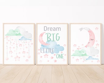 Ensemble de 3 citations impression chambre d'enfant neutre étoiles lune bébé fille Art déco murale enfants rêve grand petit un sexe gris rose bleu vert