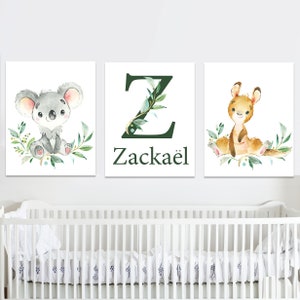 Impresiones con iniciales de letras de koala, letrero con nombre personalizado, póster, decoración de pared para guardería de bebé, animales australianos, dormitorio de niño y niña, juego de 3 para niños, canguro