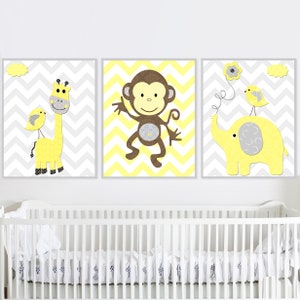 Stampe di giraffe, elefanti, scimmie, decorazioni per pareti per bambini, set di 3 tele, stampabili in digitale, poster per bambine, giallo e grigio