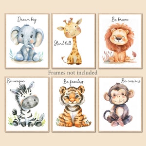 Conjunto de 6 impresiones digitales de animales de la selva para pared, con citas de safari, decoración de dormitorio infantil, elefante, jirafa, león, mono, cebra y tigre.