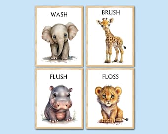 Jungle Kids Bathroom Wall Art Decor Baby Animals Prints Elephant Giraffe Lion Hippo set of 4 Wash Brush Flush Floos posters Safari pictures