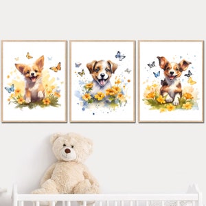 Poster da parete per cameretta dei cani, fiori, stampabili, decorazioni per la camera da letto di bambine e bambini, immagini per bambini, set digitale neutro di 3, regalo da fattoria, cucciolo