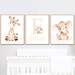 Juego de 3 impresiones de arte de pared para decoración de guardería de bebé niño neutro, nombre de niña, letras iniciales para dormitorio infantil, animales de safari de jungla personalizados