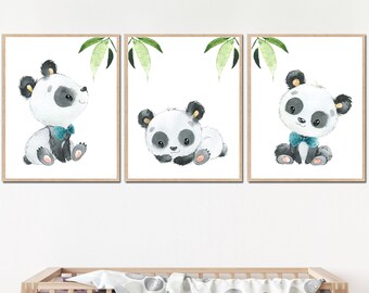 Panda Posters Baby Boy Room Nursery Wall Decor Kids Art Print set of 3 Digital Printable Canvas Children playroom new baby shower gift