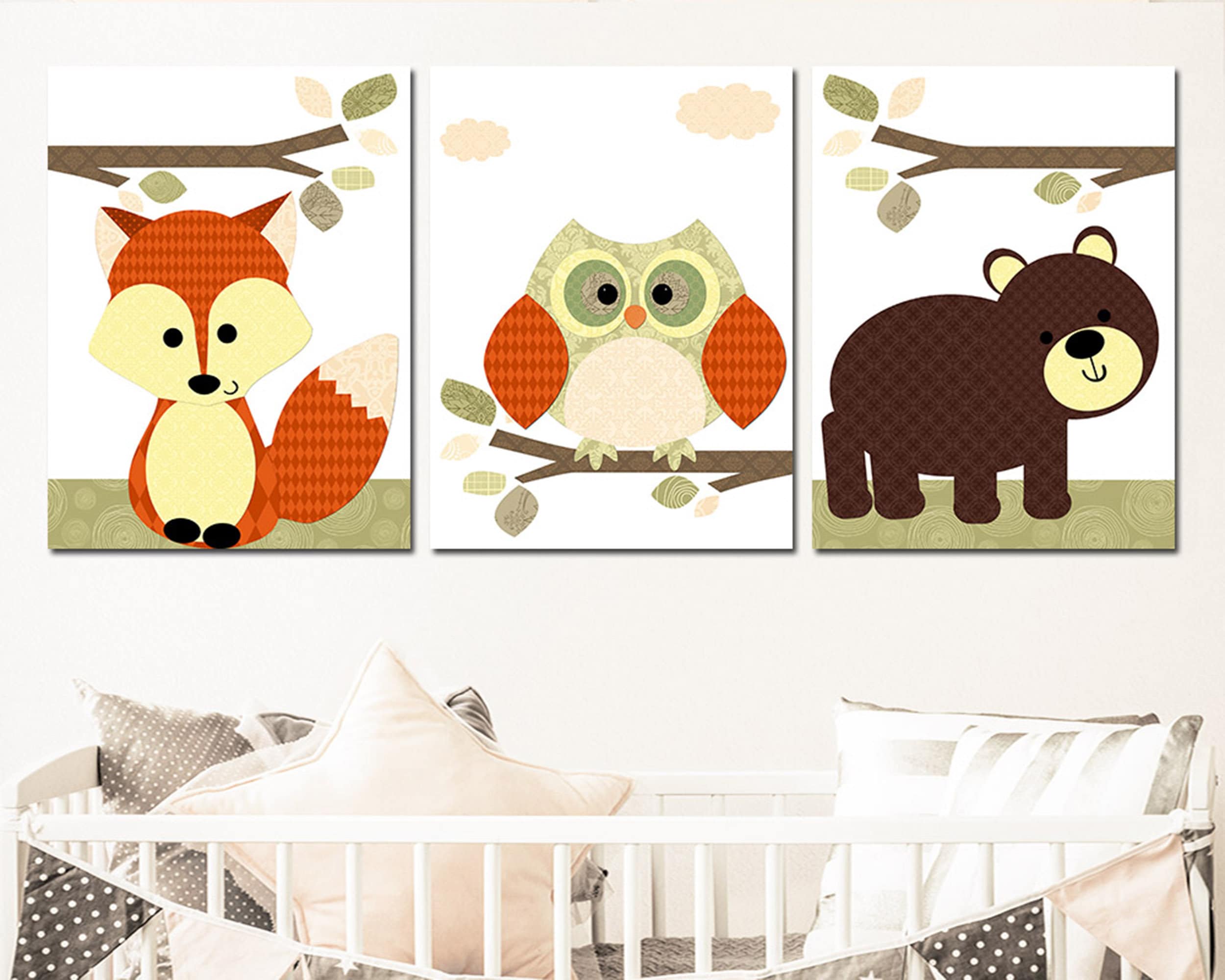 Woodland Animal Nursery Printable Kids Wall Art Owl Bear Fox Baby Room ...