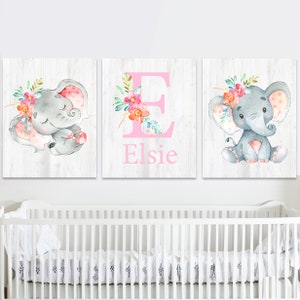 Carta Impresiones iniciales Nombre del elefante Arte de la pared Bebé Niñas Vivero Decoración Personalizado Pequeño Dormitorio Niños Conjunto floral de 3 niños lienzo Rosa Gris