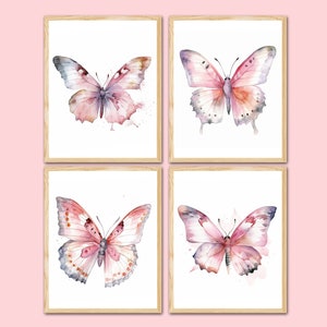 Vlinder muurkunst meisje kinderkamer decor kinderkamer poster boerderij aquarel afdrukbare set van 4 digitale foto&#39;s artwork klein cadeautje